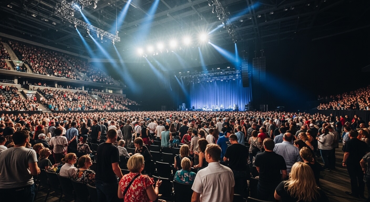 관객들로 가득 찬 대형 공연장 내부, 무대 앞을 바라보는 모습