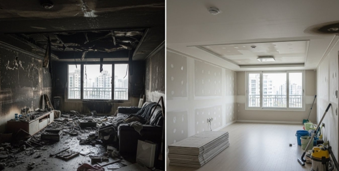 아파트 화재 복구중