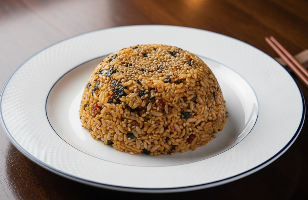 꾸덕한 로제 소스에 김가루와 참기름을 얹어 고소하게 볶아낸 마라 로제 볶음밥의 모습