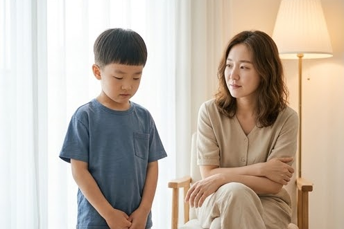 거실 의자에 앉은 엄마와 머뭇거리며 서 있는 아들