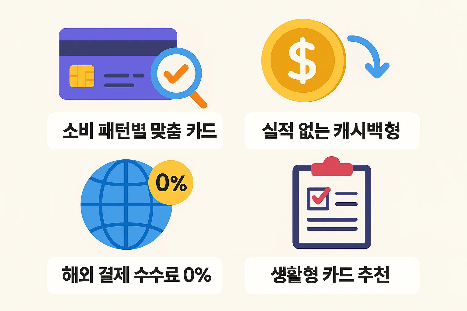 소비 패턴별 맞춤 카드, 캐시백형, 해외 결제 수수료 0%, 생활형 카드 추천 등 2025년 농협체크카드 라인업을 정리한 인포그래픽.