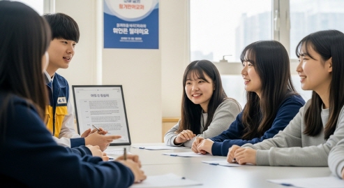 청년들이 그룹으로 정책 설명 듣는 장면