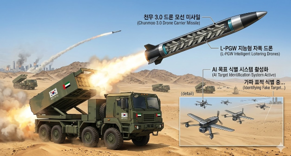 중동 전장에서 전개 중인 천무 3.0 시스템과 AI 드론 모선 개념도