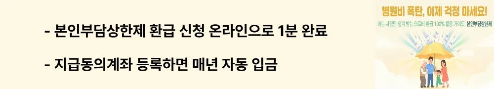 "본인부담상한제 환급 신청 온라인으로 1분 완료 / 지급동의계좌 등록하면 매년 자동 입금됩니다"라는 문구가 포함된 웹배너 이미지. 이 이미지는 본인부담상한액 초과금의 온라인 신청 방법과 자동 지급 등록 절차를 시각적으로 전달하며, 블로그의 건강보험 환급금 신청 안내와 관련된 내용을 설명함