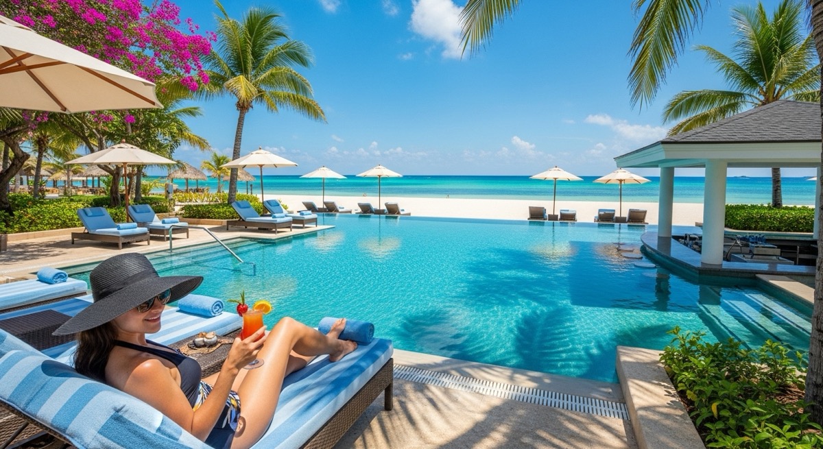 올인클루시브 리조트 수영장에서 칵테일을 들고 휴식하는 모습