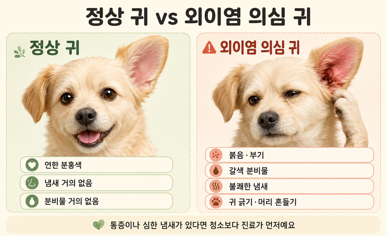 강아지 정상 귀와 외이염 의심 귀 비교 이미지