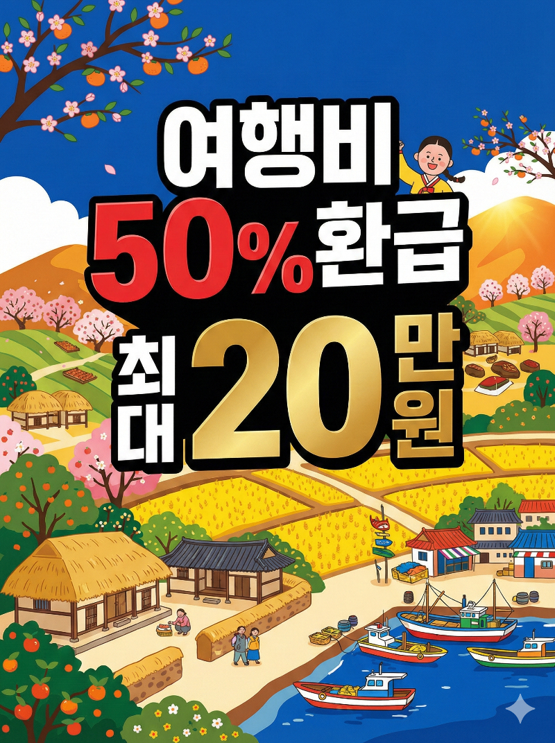 Gemini의 응답
화사한 농어촌 풍경 일러스트를 배경으로 중앙에 "여행비 50% 환급", **"최대 20만원"**이라는 텍스트가 크고 눈에 띄게 강조된 포스터 이미지입니다. 배경에는 맑은 하늘 아래 황금빛 들판, 초가집과 기와집, 그리고 어선이 떠 있는 바다가 평화롭게 그려져 있습니다.