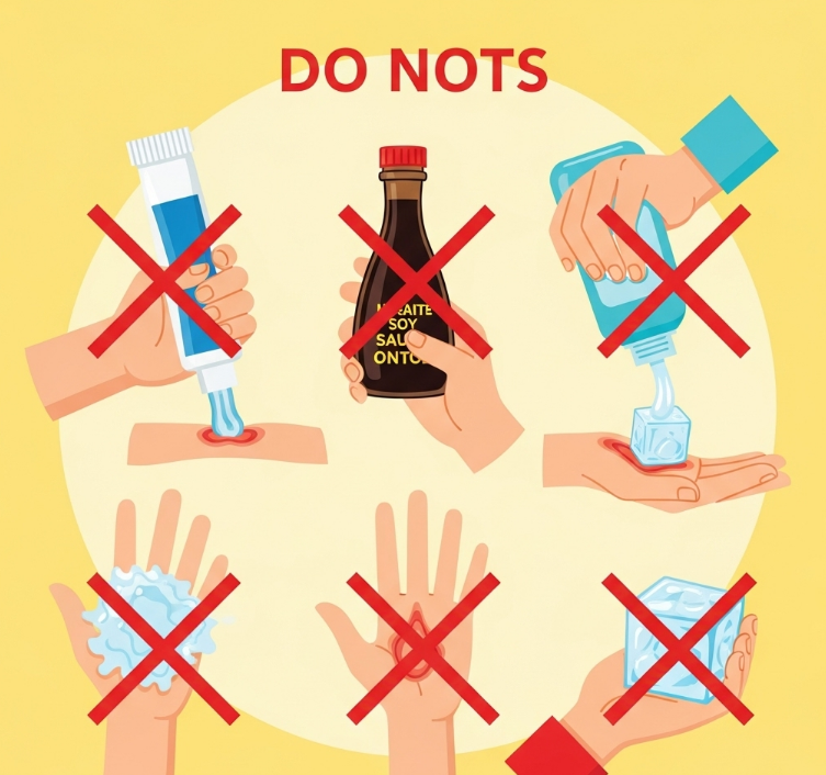 화상 응급처치 시 하면 안 되는 행동들을 보여주는 이미지