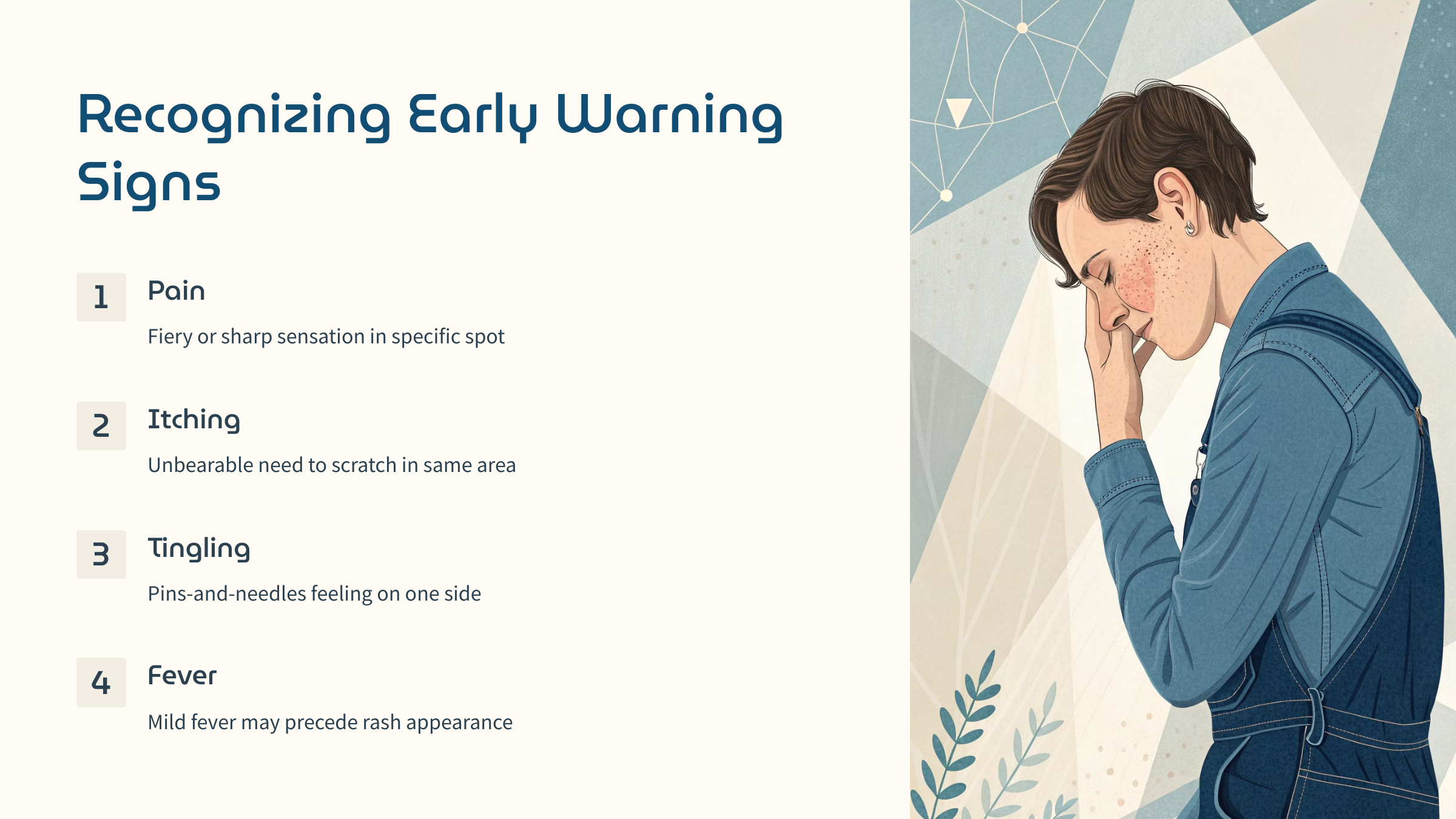 person touching sensitive skin area with pained expression, soft natural lighting, focus on discomfort before visible rash appears