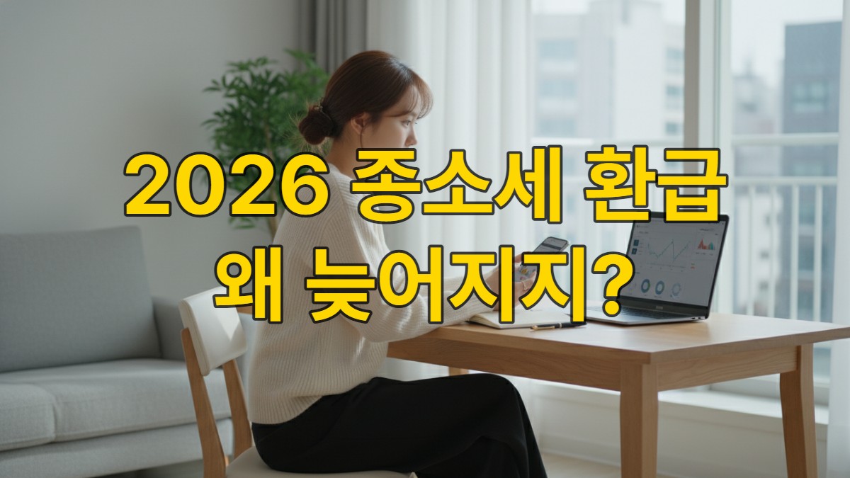 책상에 앉아 노트북과 스마트폰을 보며 종합소득세 환급 지연에 대해 걱정하는 한국 여성의 모습
