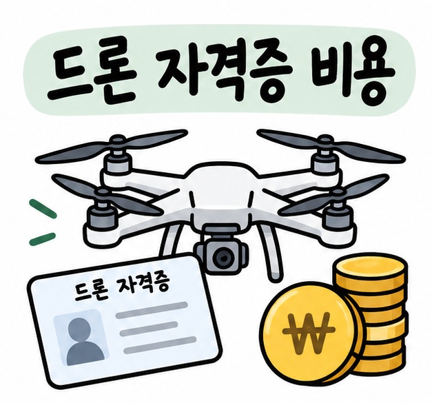 드론과 자격증 카드, 동전 아이콘 옆에 드론 자격증 비용이라는 제목이 크게 적힌 대표 썸네일