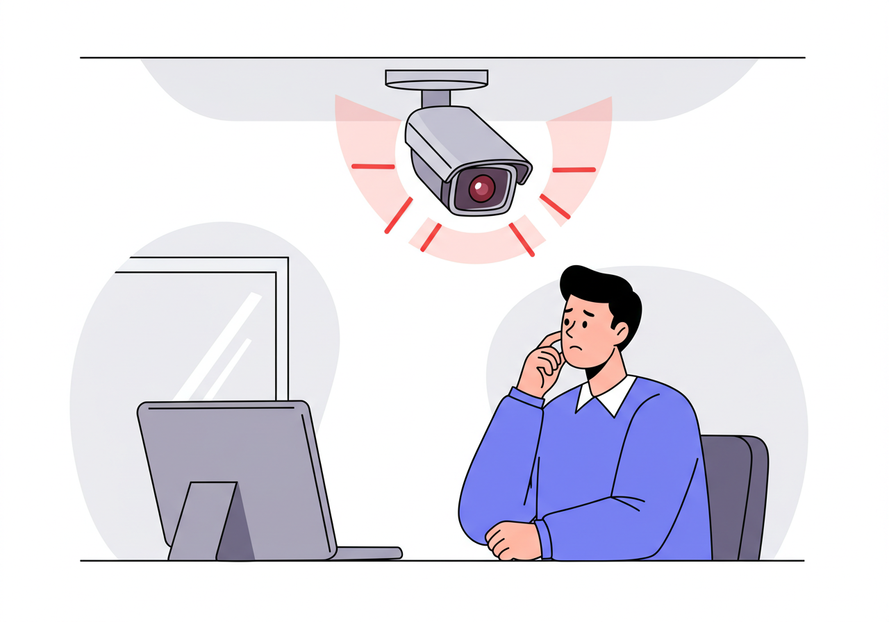 회사 내 CCTV 설치를 바라보는 직장인의 모습