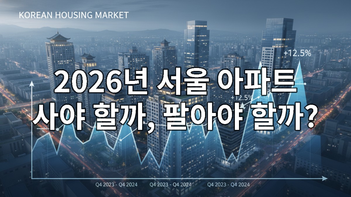 2026년 서울 아파트 시장의 복합적인 매매 동향과 전문가 전망을 시각화한 이미지.