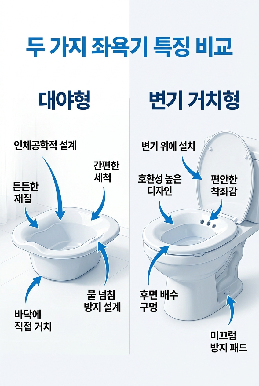 좌욕기 종류 변기거치형 대야형 비교