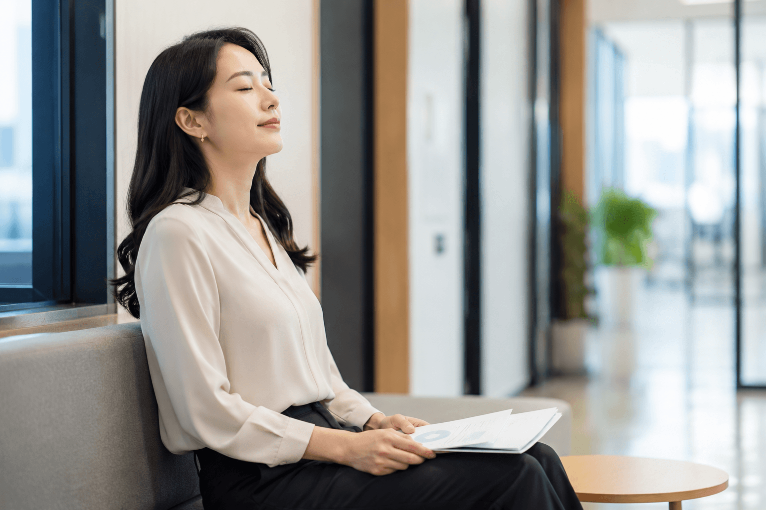밝은 자연광이 들어오는 현대적인 사무실 복도에서 30대 한국인 여성이 벤치에 앉아 눈을 감은 채 천천히 심호흡을 하고 있다. 무릎 위에는 서류를 가볍게 들고 있으며, 중요한 회의를 앞두고 차분하게 마음을 가다듬는 평온한 분위기가 담긴 라이프스타일 사진