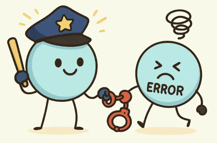 &lsquo;에러를 잡는 큐비트 경찰&rsquo;을 표현한 일러스트. 이 이미지는 오류 정정을 수행하는 큐비트의 역할을 유쾌하게 시각화하며&amp;#44; 블로그의 Willow 칩과 양자 오류 정정 주제와 관련된 내용을 설명함 (quantum error correction&amp;#44; logical qubit&amp;#44; QEC). 