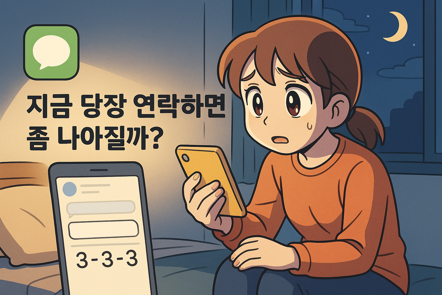 밤, 휴대폰을 보며 망설이는 여성. 화면엔 &lsquo;3-3-3&rsquo;과 문구 &lsquo;지금 당장 연락하면 좀 나아질까?&rsquo;