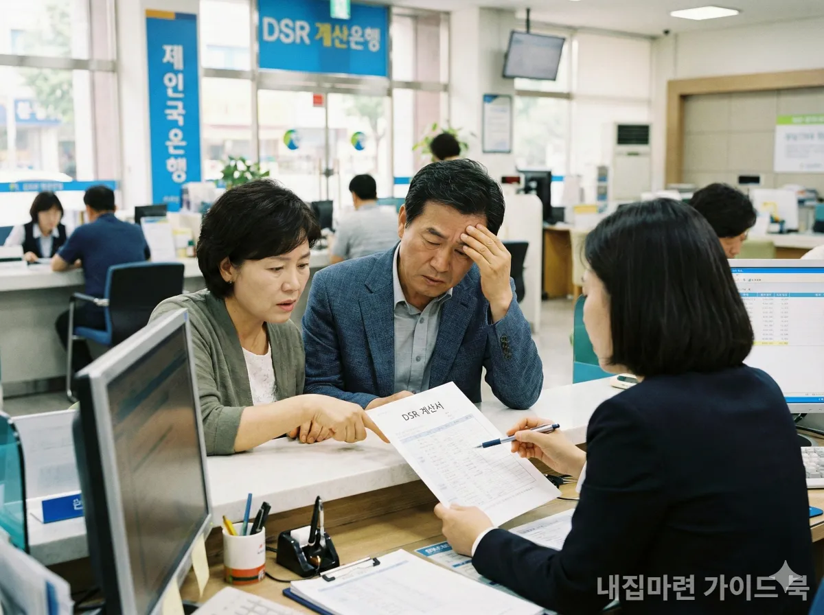 한국 은행 창구에서 스트레스 DSR 대출 상담을 받는 부부