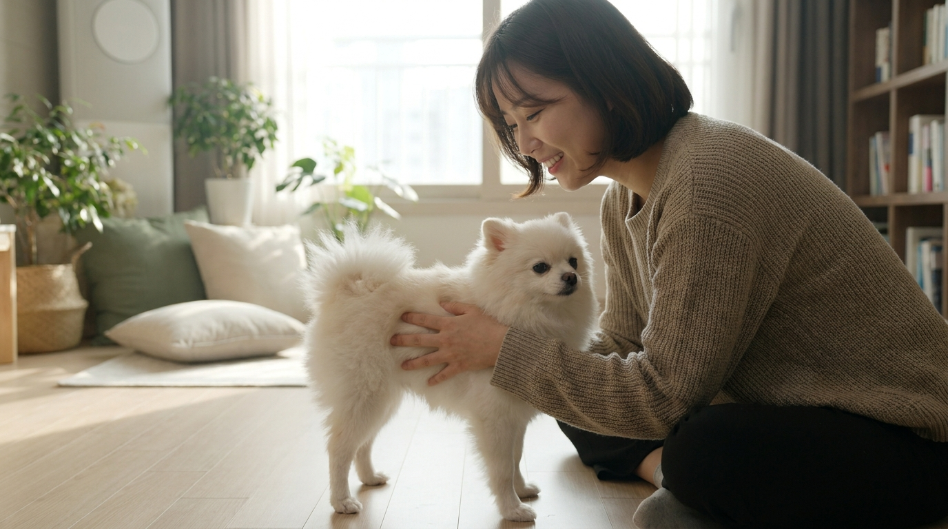 강아지 체형 확인하는 보호자