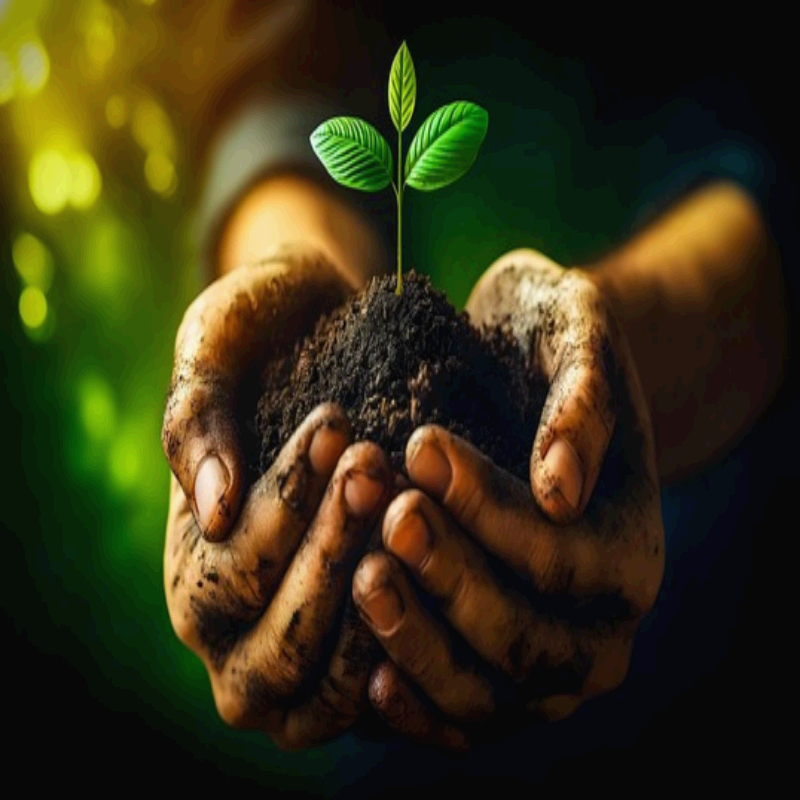 손에 흙과 새싹을 들고 있는 장면,