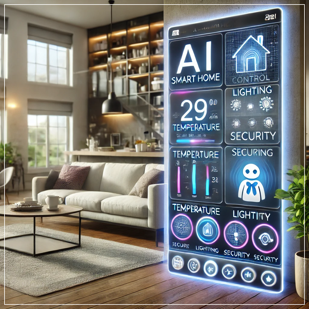 거실에 설치된 AI 기반 스마트홈 제어 패널로, 실내 온도와 조명, 보안 설정을 자동으로 조정하는 모습