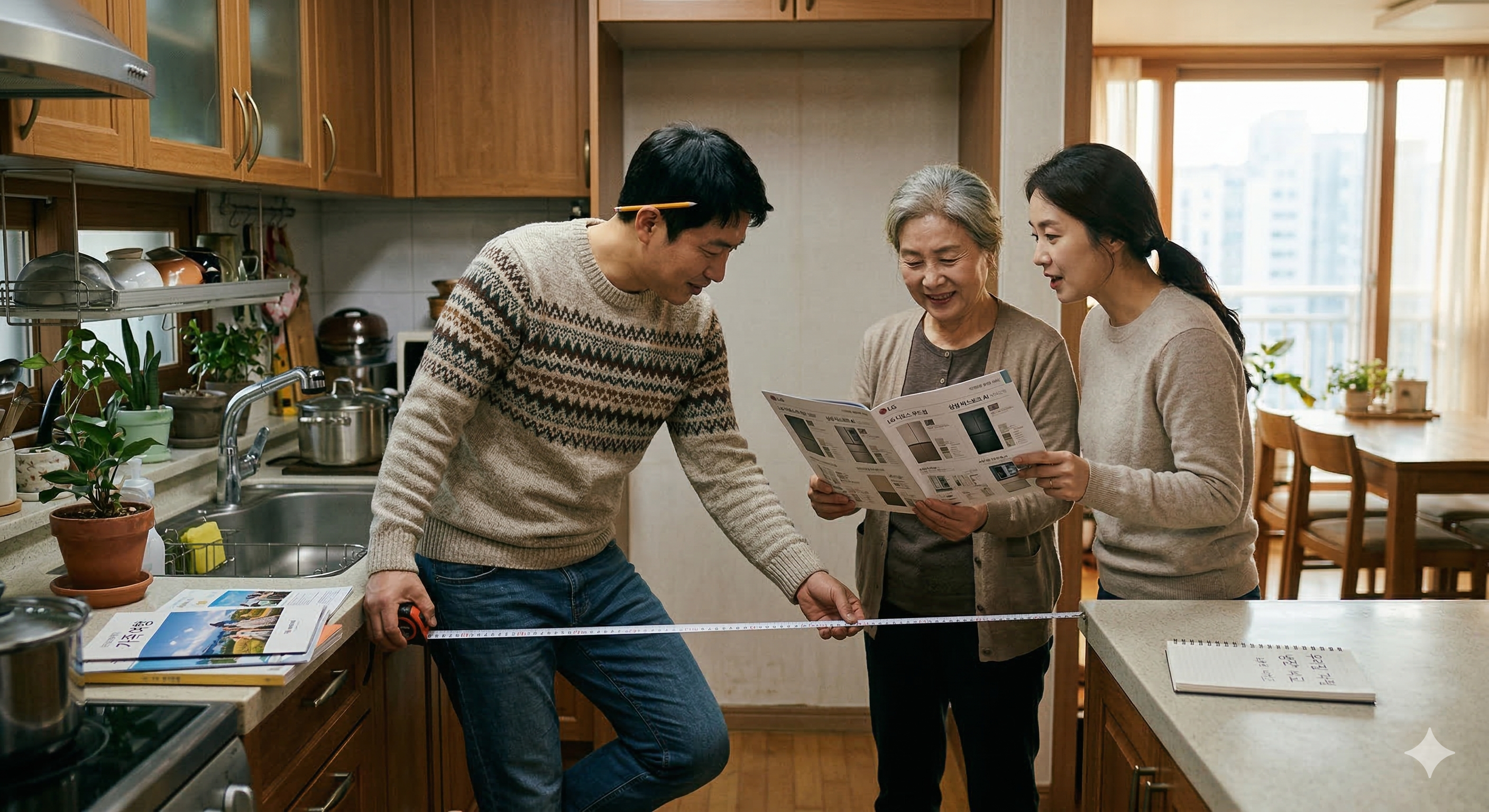 냉장고추천을 위해 주방 공간을 줄자로 실측하며 아내, 어머니와 함께 가전 카탈로그를 보며 진지하게 신형과 구형 모델을 고민하는 큰아들의 모습