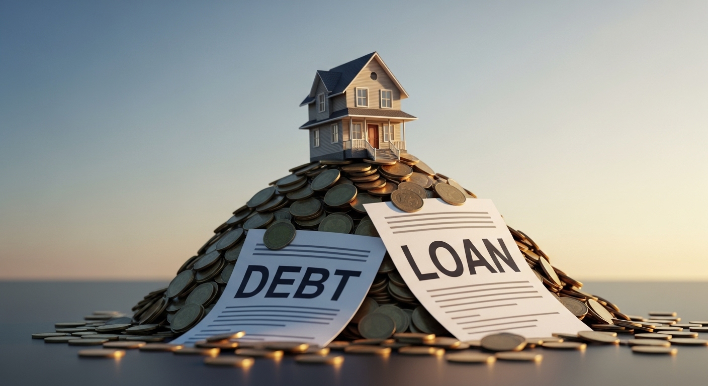 대출 서류와 동전 더미 위에 위태롭게 서 있는 집