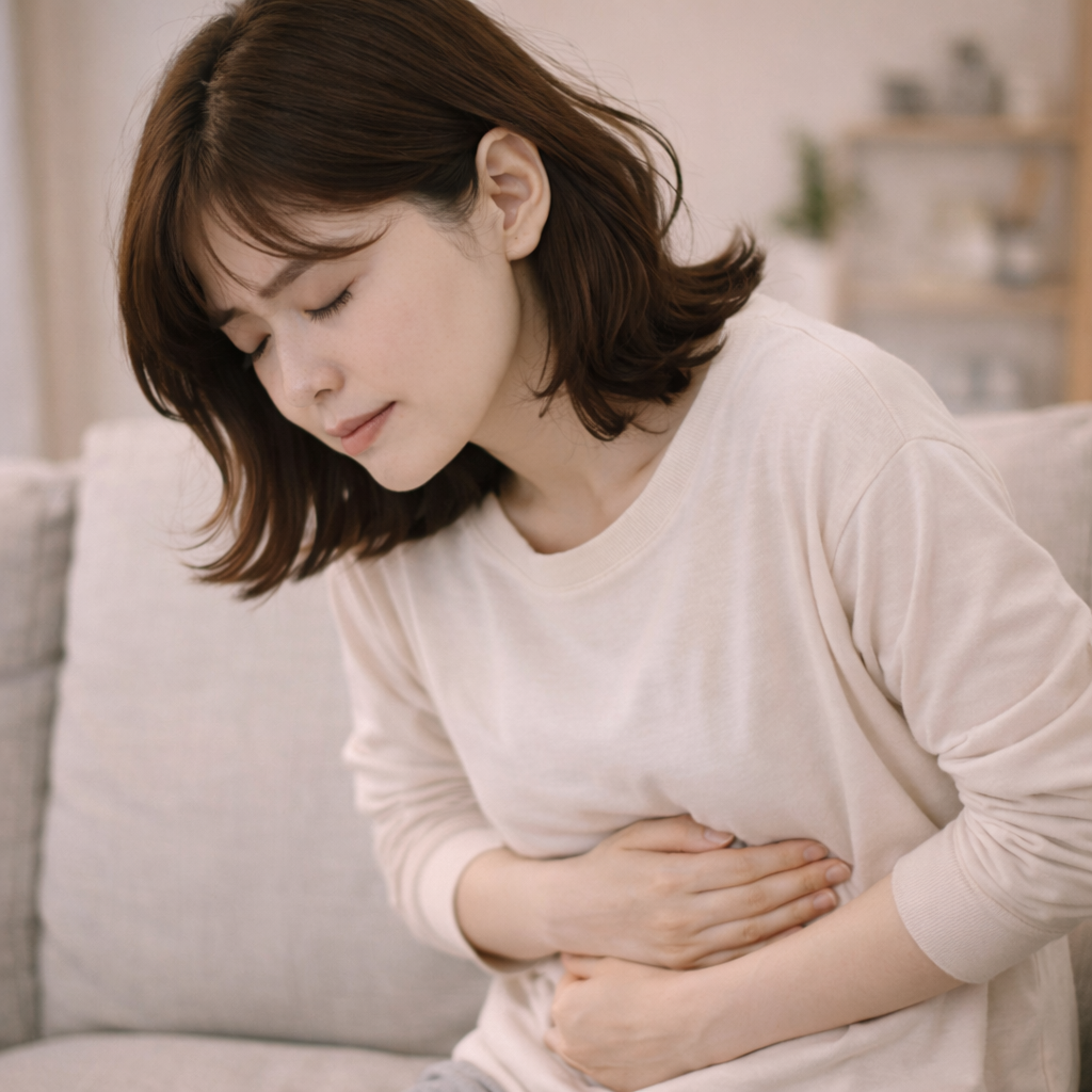 장염으로 복통과 복부 경련을 느끼는 성인의 모습