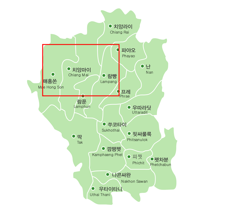 치앙마이 지도에 네모로 표시한 이미지