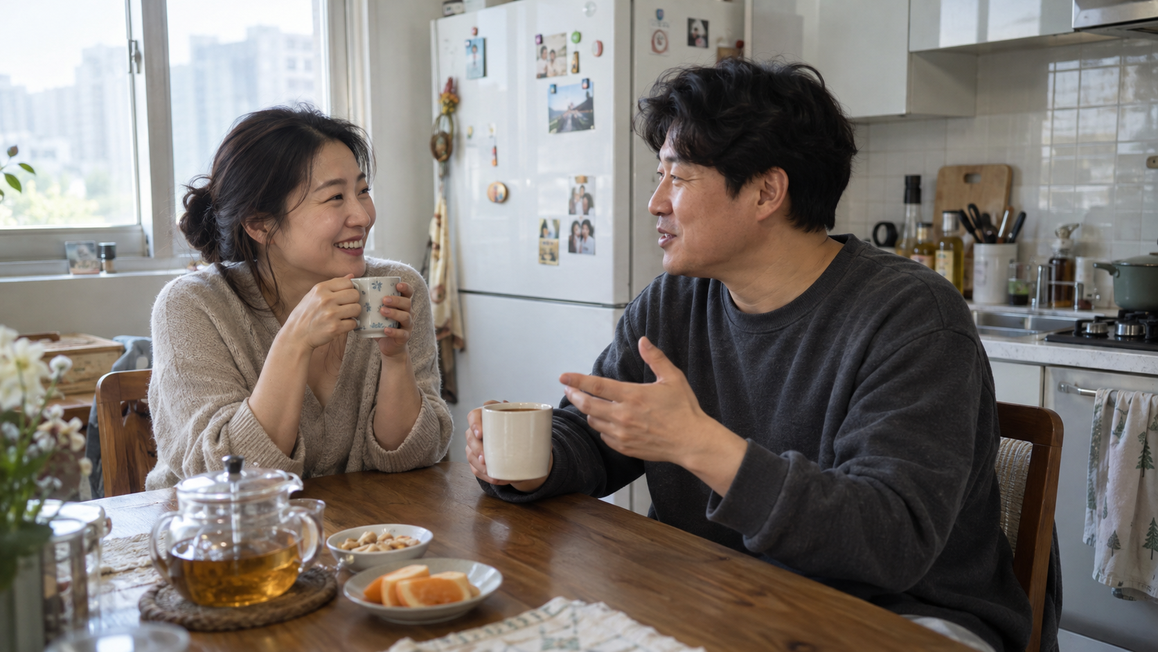 다녀온 뒤 차를 마시며 대화하는 부부