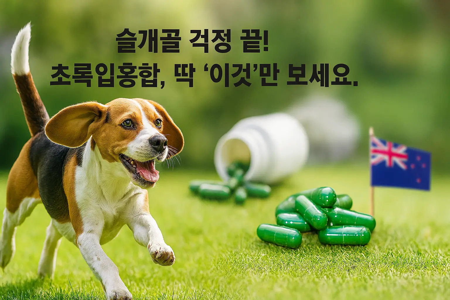 강아지가 초록입홍합 캡슐 앞에서 행복하게 웃고 있는 모습. 슬개골 탈구 걱정 없는 건강한 관절을 상징합니다