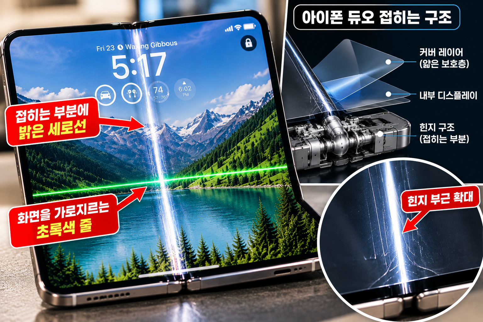 아이폰 듀오 폴더블 화면 구조와 힌지 부분, 내부 디스플레이에 나타난 밝은 세로선과 초록색 가로선 설명