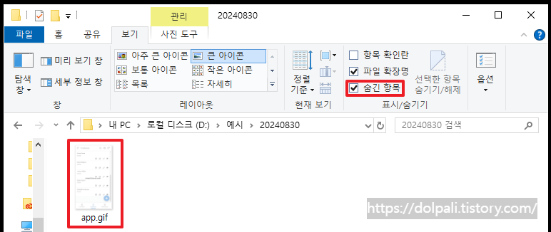 숨김 파일 표시하기-숨긴 항목 체크