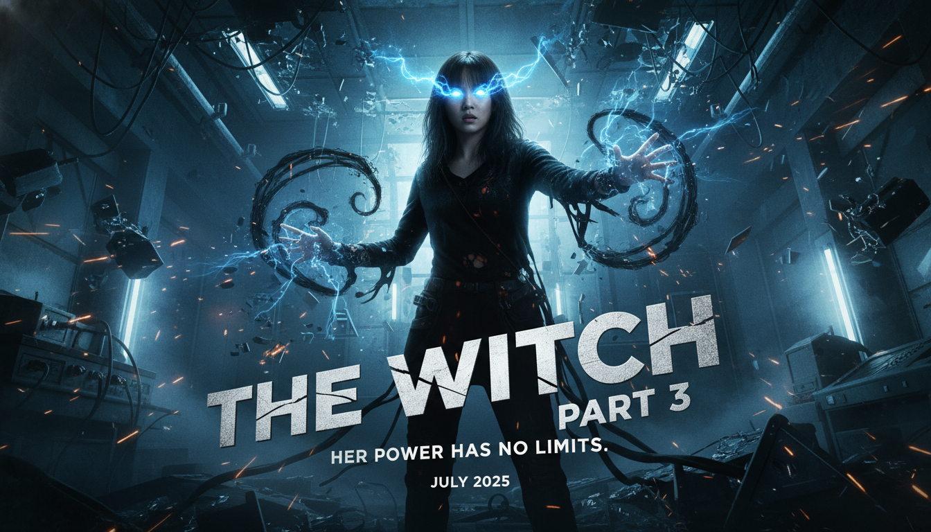 어둡고 파괴된 연구소 배경 속에 강렬한 눈빛을 뽐내는 마녀 3 영화의 미스터리한 분위기 포스터