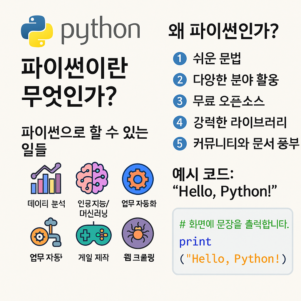 파이썬 언어의 정의와 장점, 활용 분야를 설명한 한국어 인포그래픽