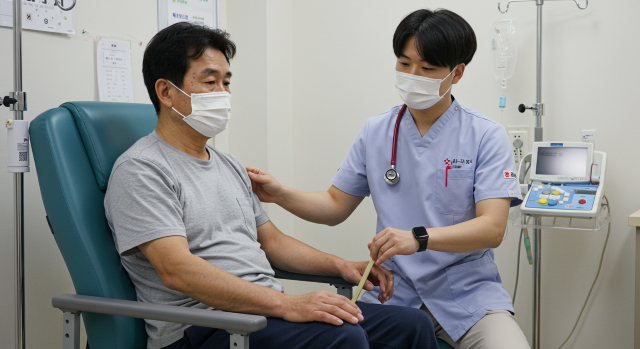 재활치료 지원; 재활치료를 받고 있는 중년남성