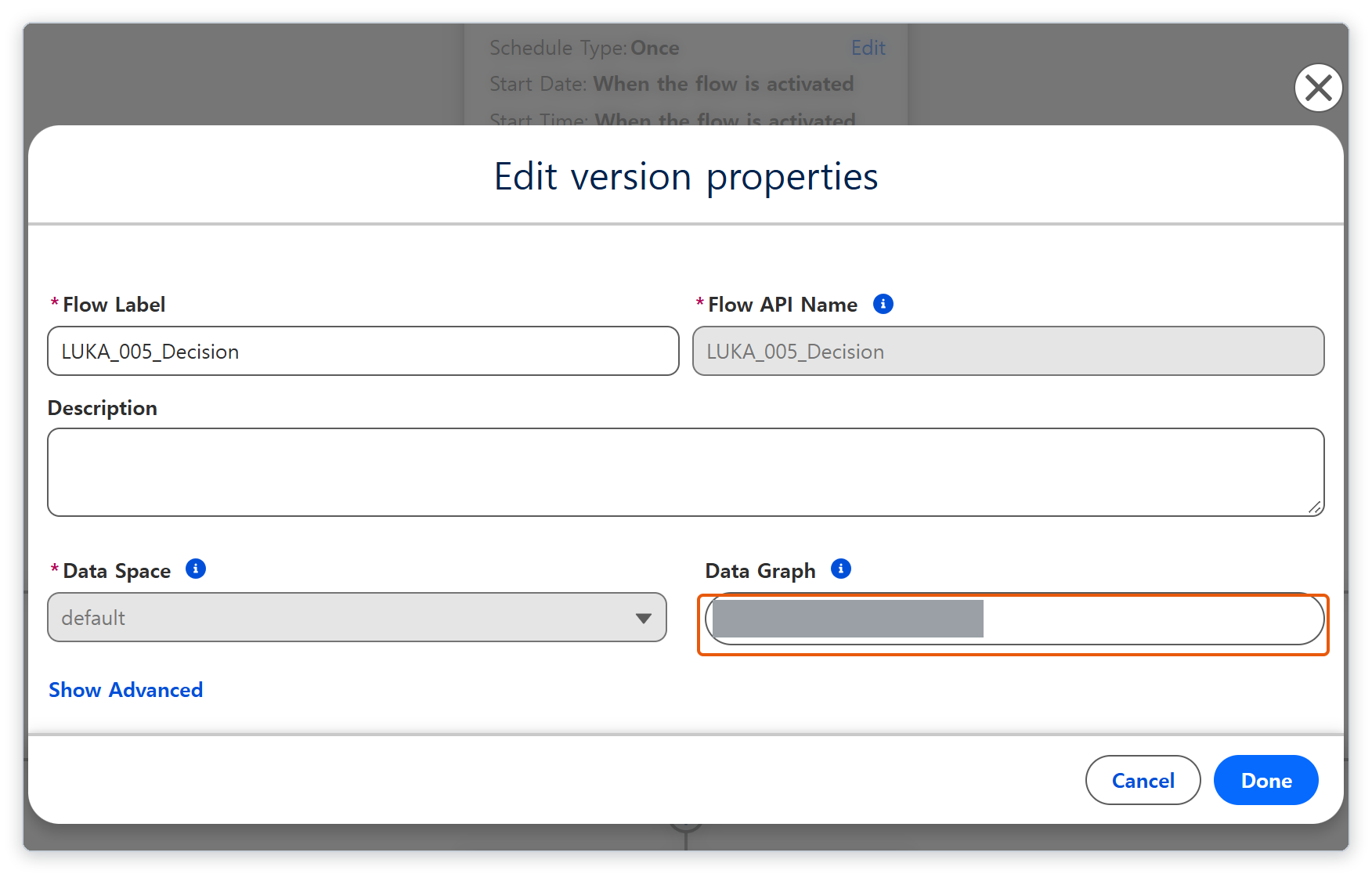Edit version properties 창의 Data Graph 칸