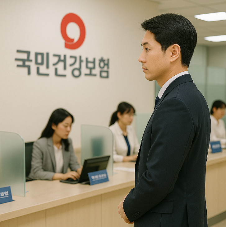 관공서 창구 앞에서 차례를 기다리는 정장 차림의 직장인 남성의 모습