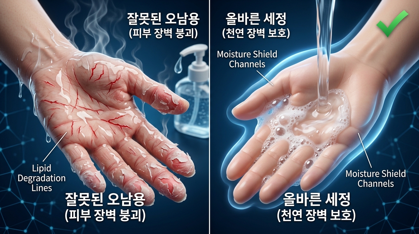 흐르는 물과 비누 세정 없이 알코올 성분의 손 소독제를 무분별하게 과다 사용하여 피부 표면의 천연 지질막 파괴와 손가락 갈라짐 염증을 유발하는 원리(왼쪽: 잘못된 오남용 피부 장벽 붕괴)와 올바른 물 비누 세정 및 철저한 보습 수칙을 통해 수분 방어막을 형성하고 손 세포를 안전하게 보호하는 대책(오른쪽: 올바른 세정 천연 장벽 보호)을 비교하여 시각화한 피부과 의학 일러스트레이션.