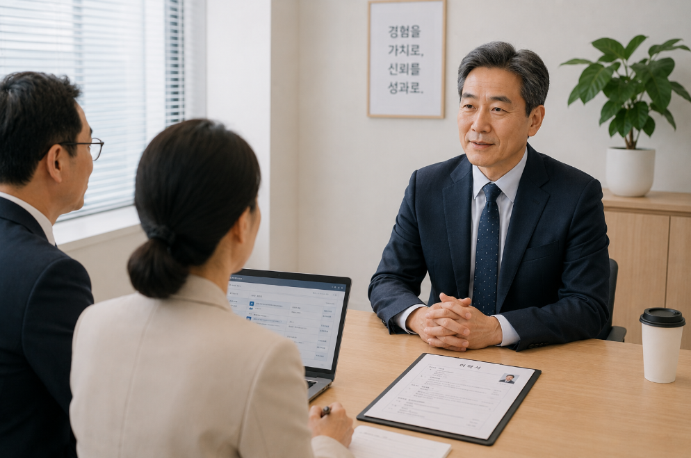 50대 지원자가 재취업 면접장에서 차분하게 답변하는 모습