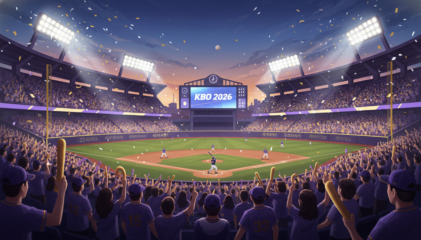2026년 KBO 프로야구 경기를 생중계로 시청하며 열광하는 팬들로 가득 찬 야구장 전경