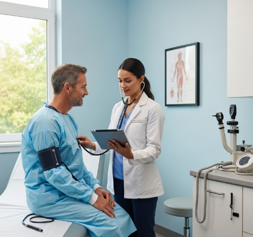 40대 남성이 의사로부터 건강검진 결과를 듣고 있는 모습