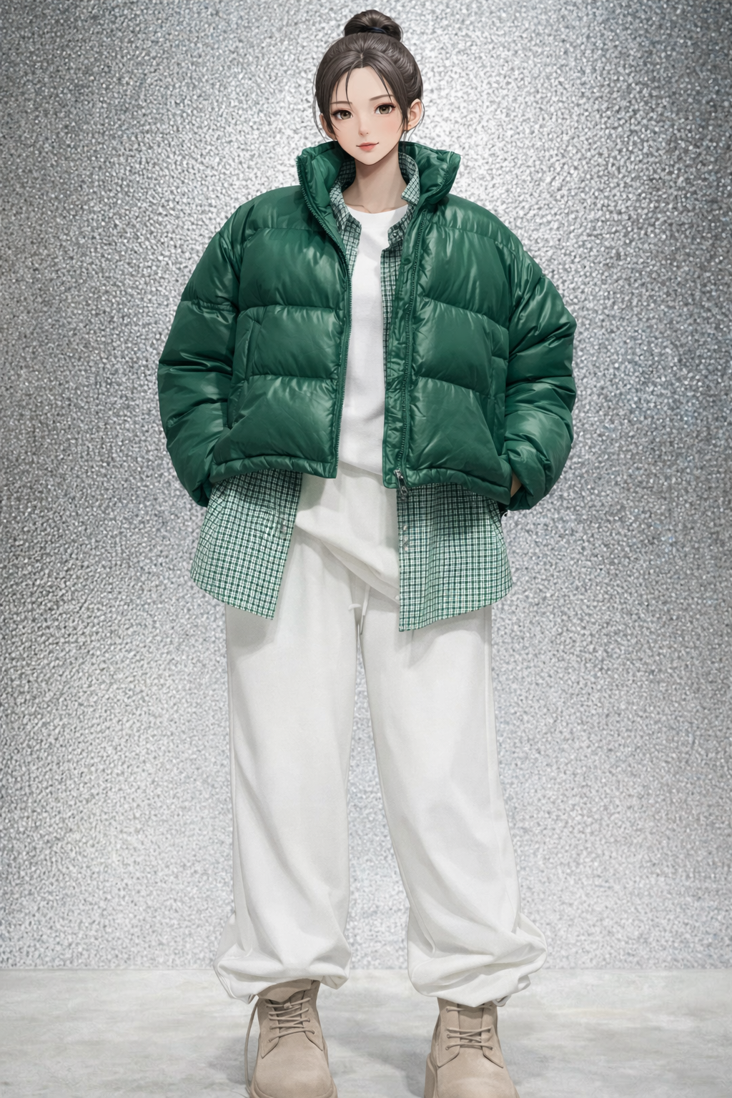 Training set with padded jacket and combat boots camping style K-fashion
