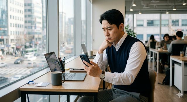 신용대출 금리 낮추는 방법을 고민하며 금융 앱을 확인하는 직장인 상황 이미지