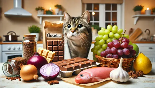 고양이에게 해로운 음식들이 놓인 테이블과 호기심 있게 바라보는 고양이