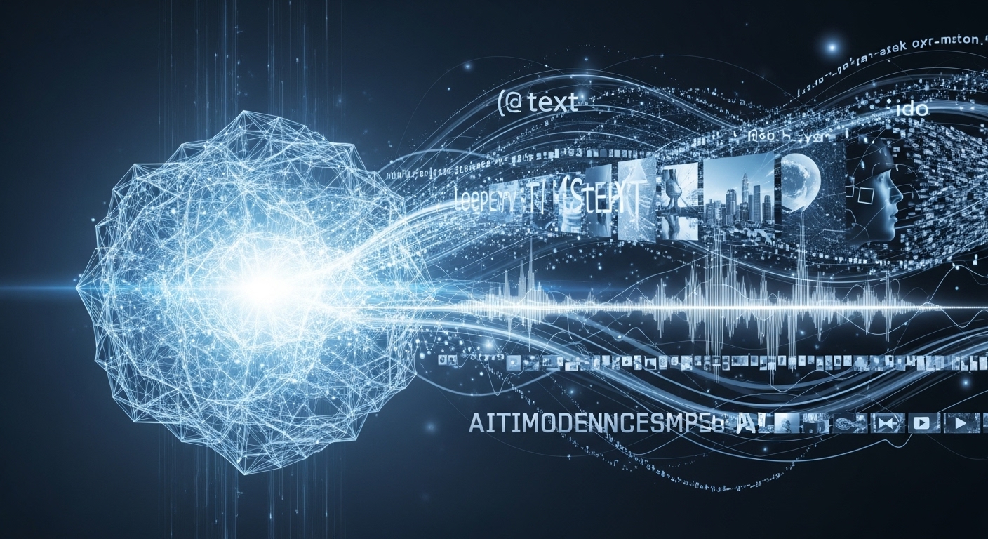 텍스트, 이미지, 오디오, 비디오 등 다양한 정보가 한데 모여 처리되는 멀티모달 AI '제미나이'의 개념을 시각화한 추상적인 디지털 아트
