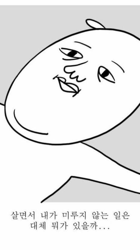 한 만화 캐릭터가 드러누운 채 '살면서 내가 미루지 않는 일은 대체 뭐가 있을까...' 라는 대사를 뱉는 짤이다.