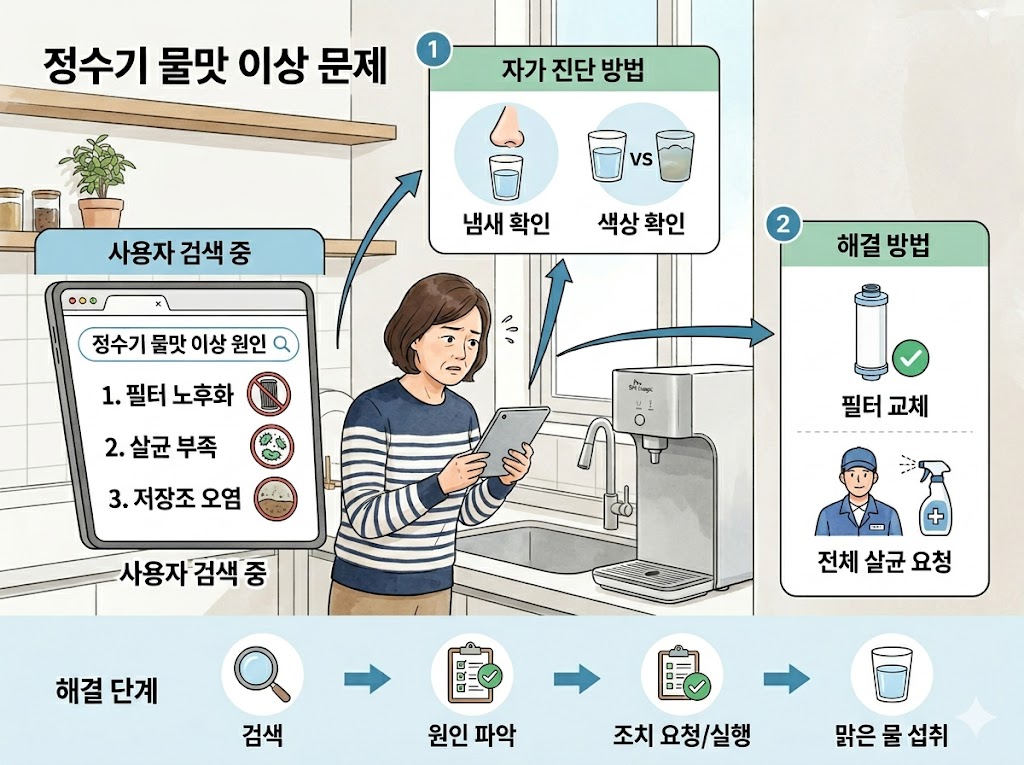 정수기 물맛 문제를 검색하는 사용자 모습