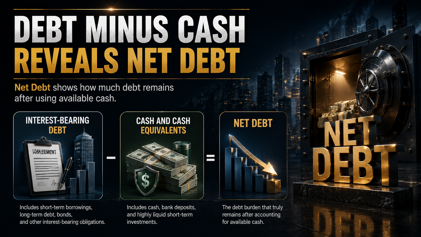 Net debt calculation showing interest-bearing debt minus cash and cash equivalents