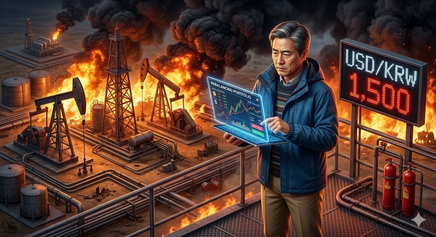 불타는 유정 앞에서 환율 1,500원 전광판을 보며 포트폴리오를 재구성하는 아빠의 3D 일러스트